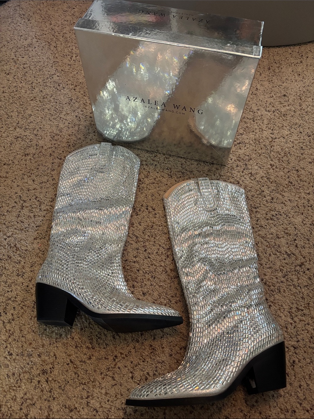 Azalea Wang Silver Crystal Western Heeled Boots